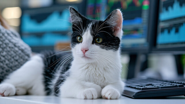 Black and white cat sits on desk with multiple monitors displaying stock market charts and graphs, defocused office pet with trading equipment, with copy space