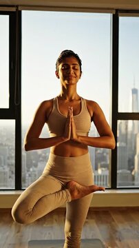 A Serene Moment of Balance: A Young Woman Practicing Tree Pose Yoga in a Sunlit Urban Setting with a Breathtaking City View