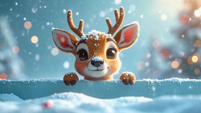 Cute cartoon baby deer reindeer peeking over blank snowy board in winter forest with falling snow and bokeh lights Christmas holiday concept