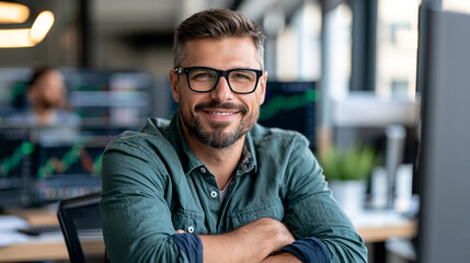 Obraz premium Young European male financial faceless analyst smiles confidently at his desk, surrounded by multiple monitors displaying market data and charts, embodying modern workplace, with
