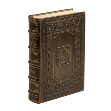 Un livre ancien &agrave; couverture rigide en cuir marron avec des d&eacute;tails dor&eacute;s complexes et un motif d'arbre en relief sur le devant, isol&eacute; sur un fond blanc pur pour une pr&eacute;sentation &eacute;l&eacute;gante et