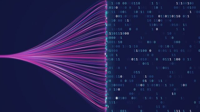 Pink and purple fibre optic light streams converging into a wall of binary code, on a dark blue background, for data transfer themes