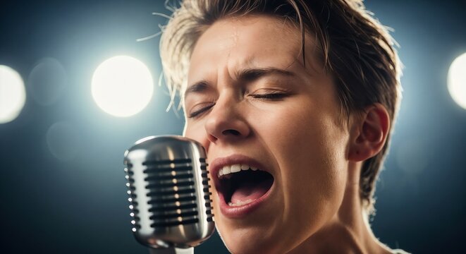 Friends karaoke closeup passionate singer with vintage microphone on stage under bright spotlights, friends karaoke performance showing open mouth and emotional expression,