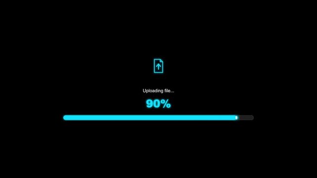 File uploading progress bar animation with glowing blue percentage on black background