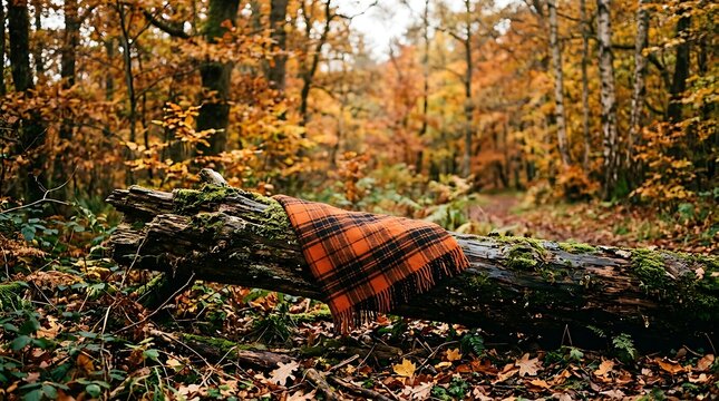 Cozy plaid blanket resting on a mossy fallen log in an autumn forest