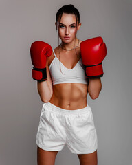 Naklejka premium Athletic young woman in white sportswear and red boxing gloves poses confidently in a studio, creating a strong fitness concept for sports advertising, training campaigns and wellness media.