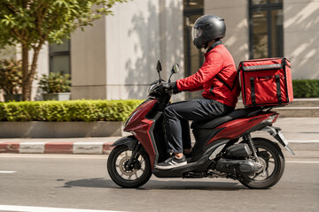 Fototapeta premium AI generated food delivery rider driving scooter insulated cargo box city street showing fast convenient courier service modern urban transportation