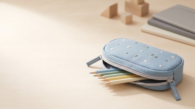 Fabric pencil case filled with vibrant colored pencils resting on a light neutral surface with generous copy space.