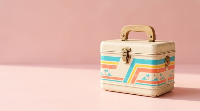 Retro-style small vanity case or cosmetic box with colorful stripes on a soft neutral background, offering copy space.