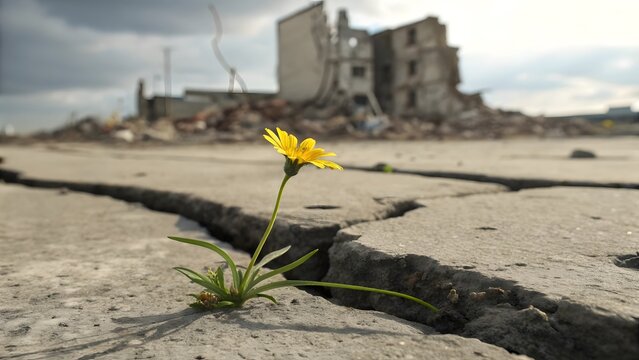 Yellow flower growing through cracked concrete in front of a destroyed building ruin