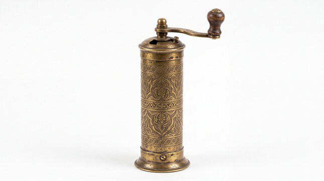 Vintage ornate brass pepper mill isolated on white background.
