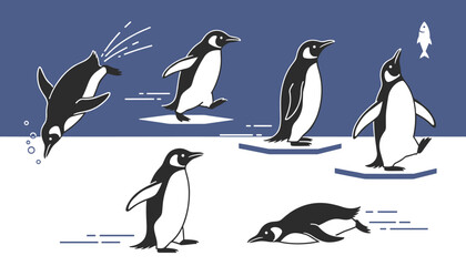 Obraz premium Cute cartoon penguin character illustration set showing different actions like swimming, walking, and sliding.