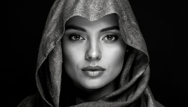 Woman portrait in hood black and white