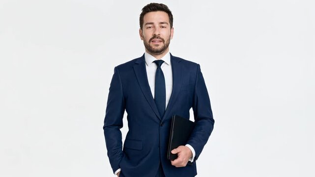 Confident businessman in a navy suit holding a folder on a white background. Bearded man in formal wear standing in a studio with copy space. Isolated corporate portrait