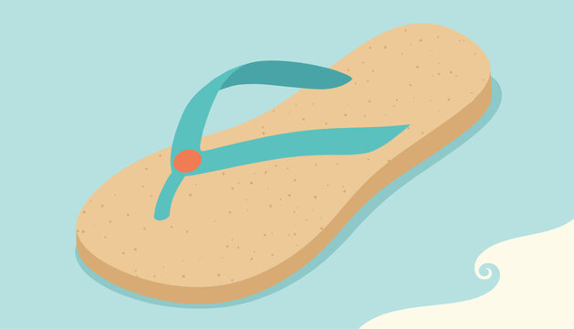 Isometric illustration of a single beige flip flop on a blue water surface next to a clean sandy beach shore.