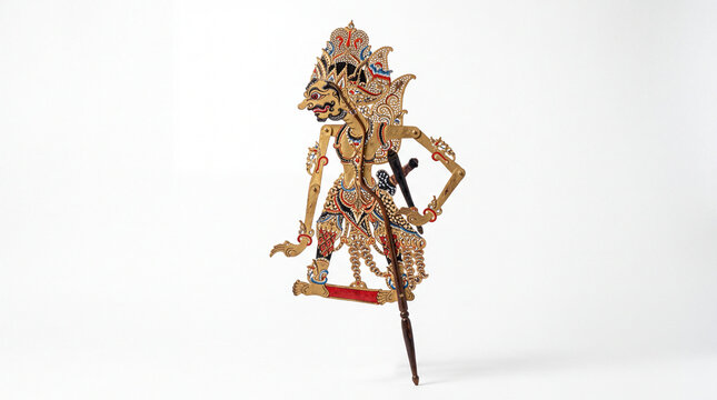 Traditional Javanese Wayang Kulit shadow puppet character on white background.