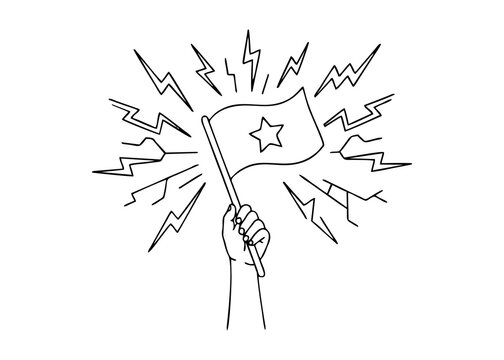Hand holding flag with star and lightning energy line art doodle transparent PNG graphic element
