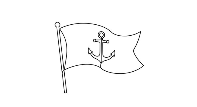 Nautical Anchor Flag On Pole, Isolated Outline Art
