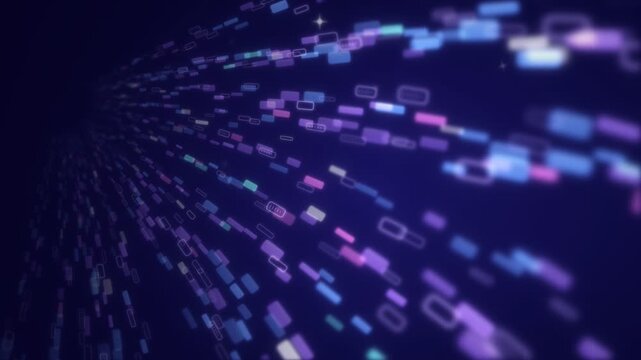 Purple and blue data blocks streaming through space with depth of field blur, for data transfer and network themes