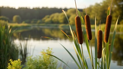 Obraz premium Cattails growing by a calm river bank at sunset in a peaceful summer landscape.