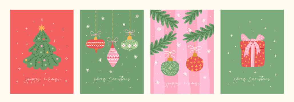 Christmas vintage greeting card set. Xmas cute modern design with hand drawn Christmas tree, bow, gifts, holiday pattern, snow, baubles and toys, stars. Vector trendy poster, cover, background.