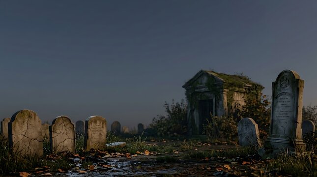 Ancient graveyard landscape with weathered gravestones and old stone crypt under a dark sky resting place graveyard cemetery gravestone tombstone headstone halloween mysterious landscape