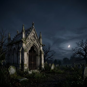 Gothic stone crypt and graveyard tombs in a creepy cemetery during a dark night with glowing crescent moon spooky graveyard ancient mausoleum halloween scenery mysterious landscape old headstones