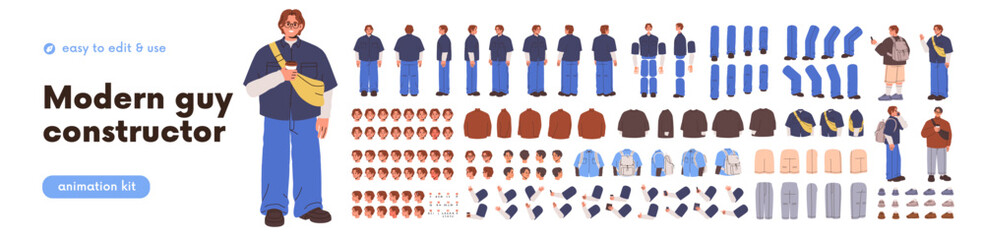 Fototapeta na wymiar Male character body poses constructor. Young man character constructor kit. Person in various postures for animation design. Male poses, face expressions, body parts. Flat cartoon vector illustration