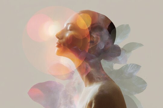 Profile of woman doing breathwork with botanical collage overlays for wellness poster background and mindful breathing design