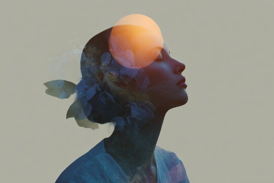 Serene profile portrait of woman practicing breathwork with botanical double exposure for wellness poster background and meditation design