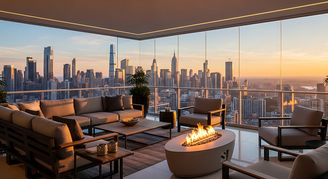 Luxury penthouse balcony interior with city skyline view at sunset background full hd download 2025 2026