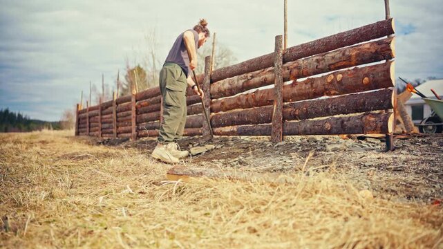 A man works on a rural field in Norway, carrying out agricultural work in a countryside landscape
