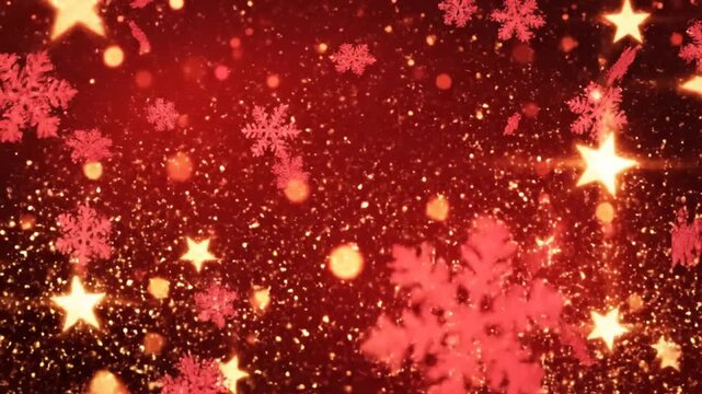 Red Christmas background with snowflakes and golden glowing stars