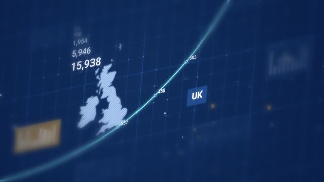 UK map with a rising growth line, data points, and figures, on a blue infographic background at an angle