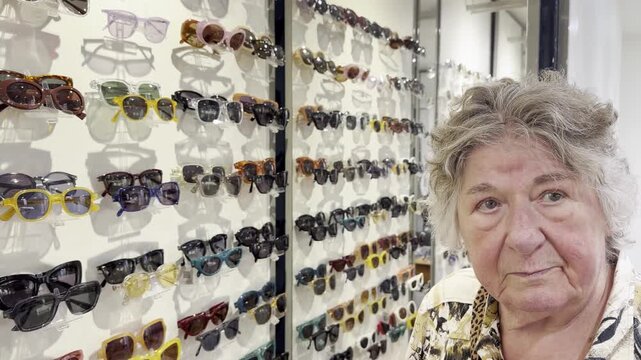 Senior woman browses a large selection of eyeglasses and sunglasses inside an optical store, then turns toward the camera before looking down at the floor.