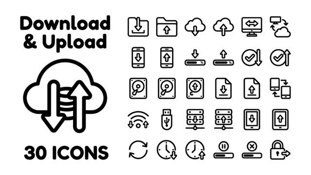 Download and Upload Icons: A comprehensive collection of 30 outline icons representing various aspects of digital data transfer, including cloud storage, mobile device integration.