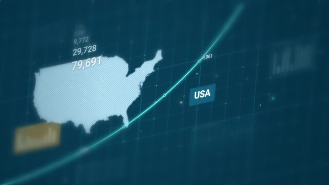 USA map with a rising growth line, data points, and figures, on a teal blue infographic background at an angle