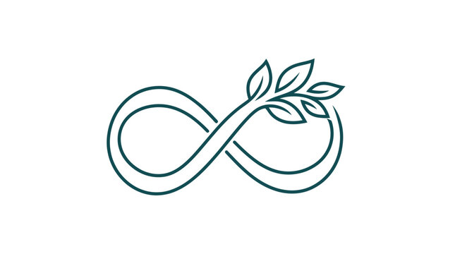 Minimalist infinity symbol combined with a green leaf branch representing sustainability and eternal nature.