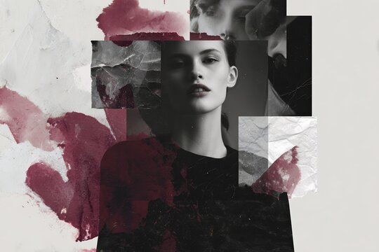 Moody crumpled paper collage with black and white fashion portrait and textured folds for gritty background and poster