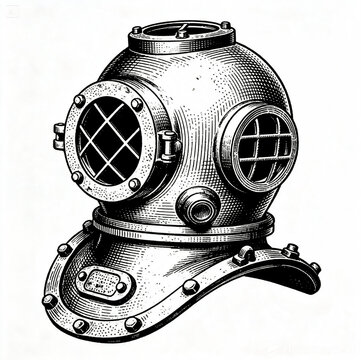 Antique brass deep sea diving helmet etching illustration