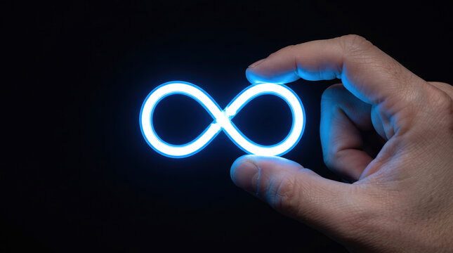 Hand Holding Glowing Blue Neon Infinity Symbol in Dark