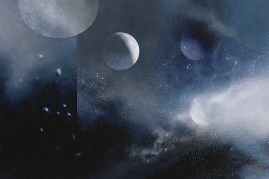 Celestial eclipse collage background with misty planets and starfield for cosmic poster and space wallpaper design