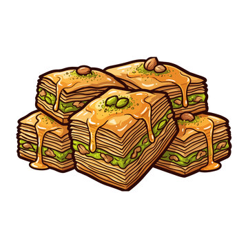 Illustration of delicious baklava pieces with honey and pistachios.