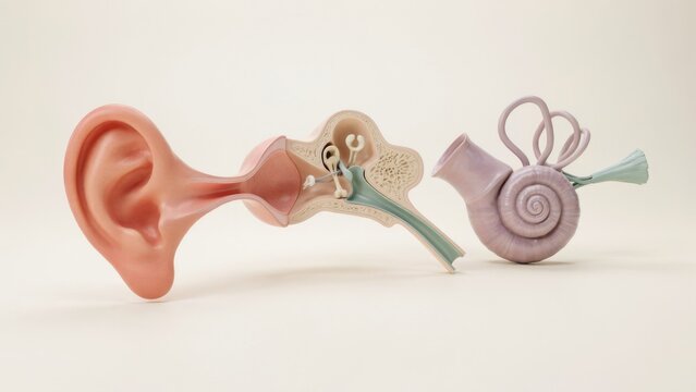 Human ear anatomy 3D medical illustration showing outer middle and inner ear structure with cochlea and auditory system on white background