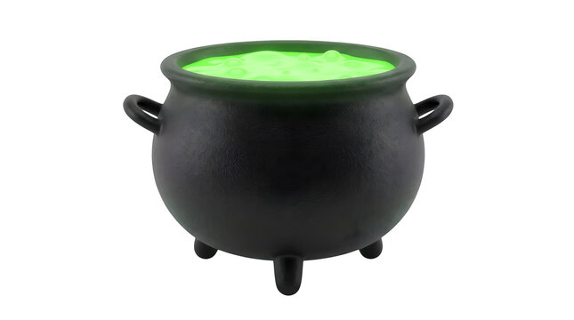 Black cast iron witch cauldron filled with glowing green magic potion isolated on transparent background