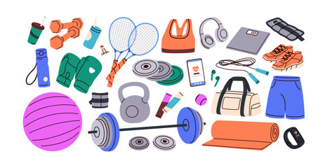 Fototapeta premium Sport, gym and fitness equipment. Fit workout and training objects, exercise equipment set. Sport bag, gym weight, ball, yoga mat, fitness bottle. Flat vector illustrations isolated on white