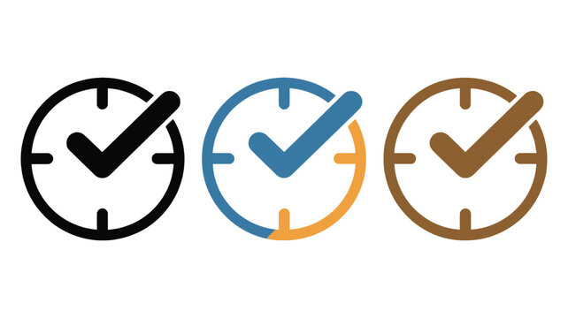Check Mark on Clock Vector Icons for real time protection, verified timing, secure monitoring, deadline tracking, and service reliability