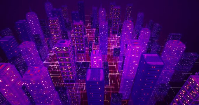 Futuristic digital city wireframe skyscrapers with glowing neon network circuit lines. Technology related 3D animation.