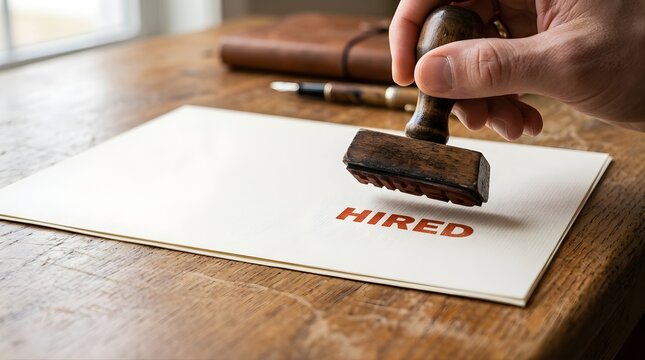 Hand stamping Hired text on blank paper at office desk for recruitment