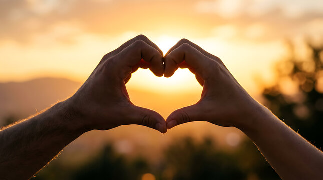Two hands form a heart shape against a warm sunset sky, symbolizing love and connection.